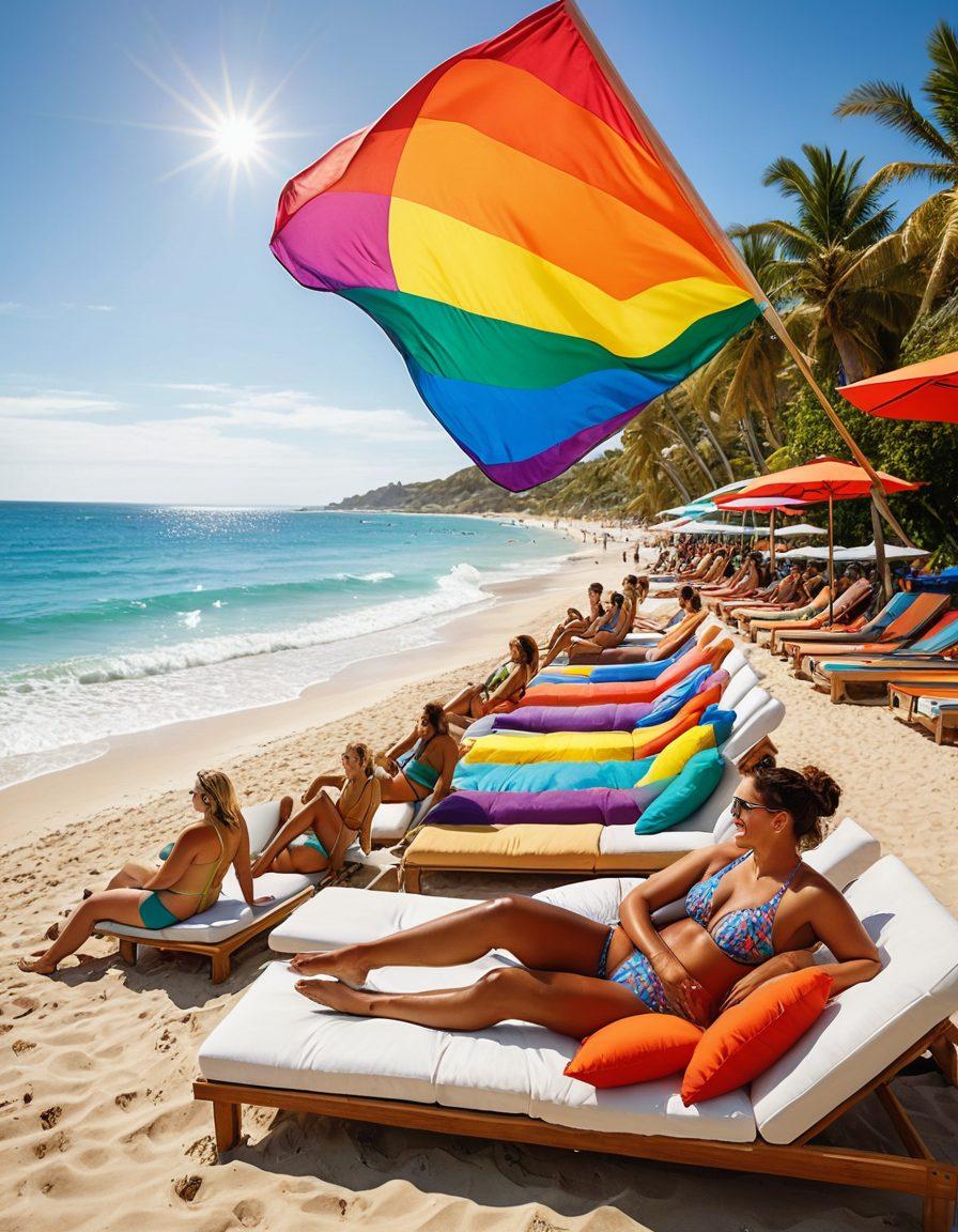 A vibrant beach scene showcasing diverse individuals of all shapes and sizes wearing colorful, inclusive swimwear, celebrating Pride. The background features a rainbow flag fluttering in the gentle breeze and sun loungers adorned with cheerful cushions. The ocean sparkles under a bright sun, inviting everyone to enjoy the festivities. Include a sense of joy and community in the atmosphere. super-realistic. vibrant colors. sunny beach setting.