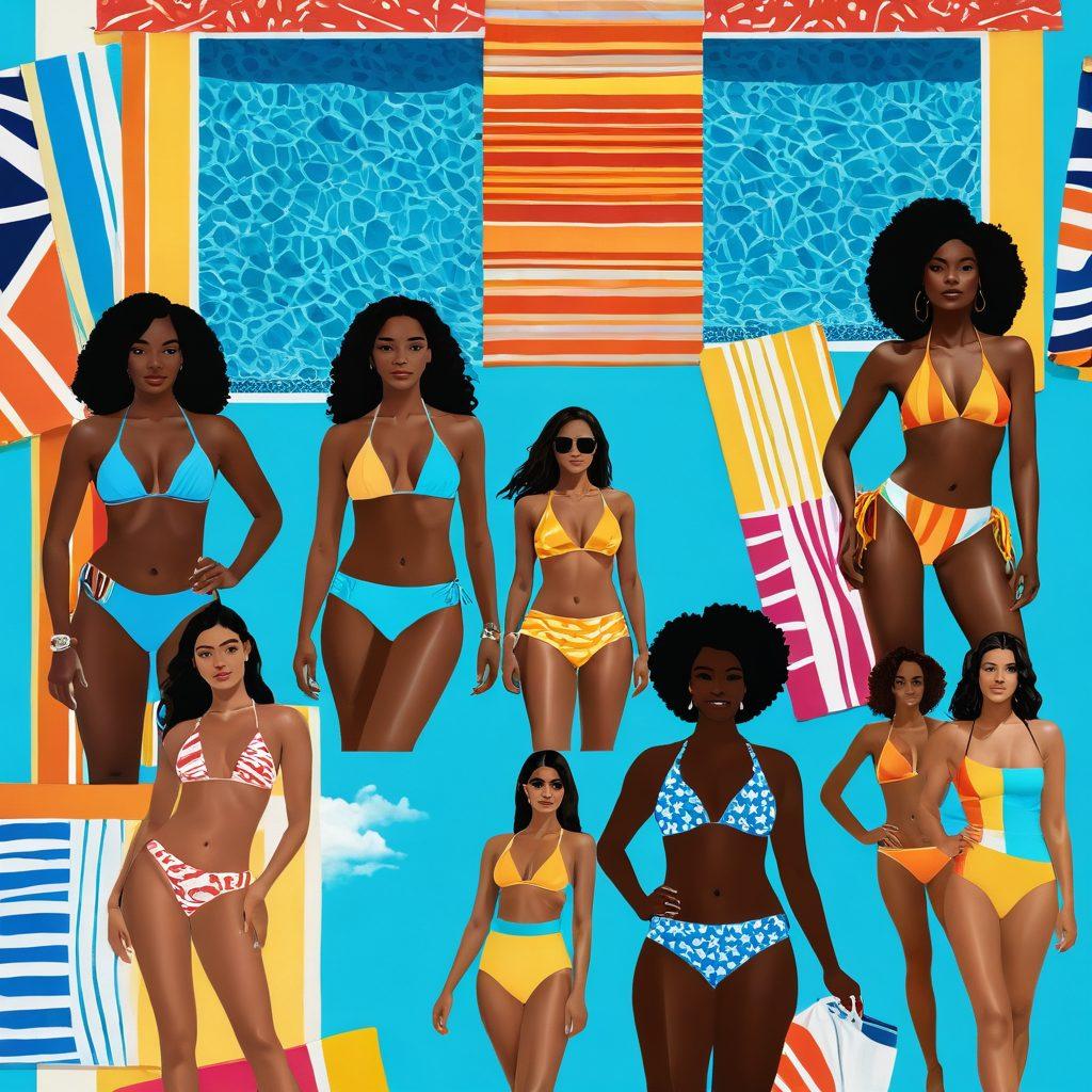 A collage showcasing various stylish swimwear designs for modern lesbians, set against a backdrop transitioning from a sunny beach to a vibrant pool scene. Include diverse models of different body types and ethnicities confidently wearing colorful swimsuits and accessories, with beach towels and poolside loungers visible. The atmosphere should feel fun and inclusive, capturing the essence of summer relaxation. bold colors. vector art. dynamic composition.